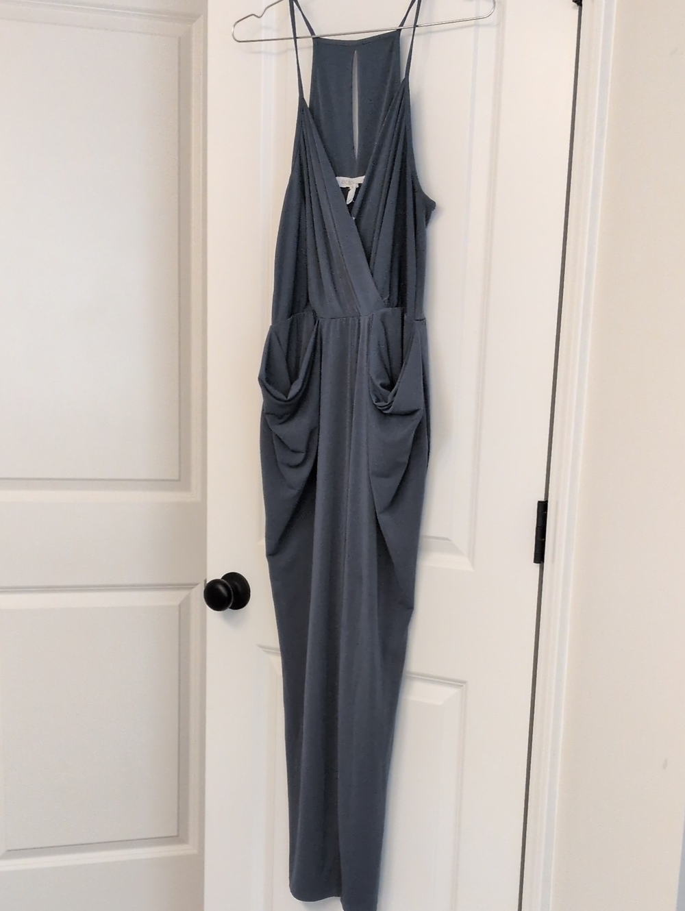 BCBG Slate Gray Draped Maxi Jumpsuit with Spaghetti Straps Size Medium